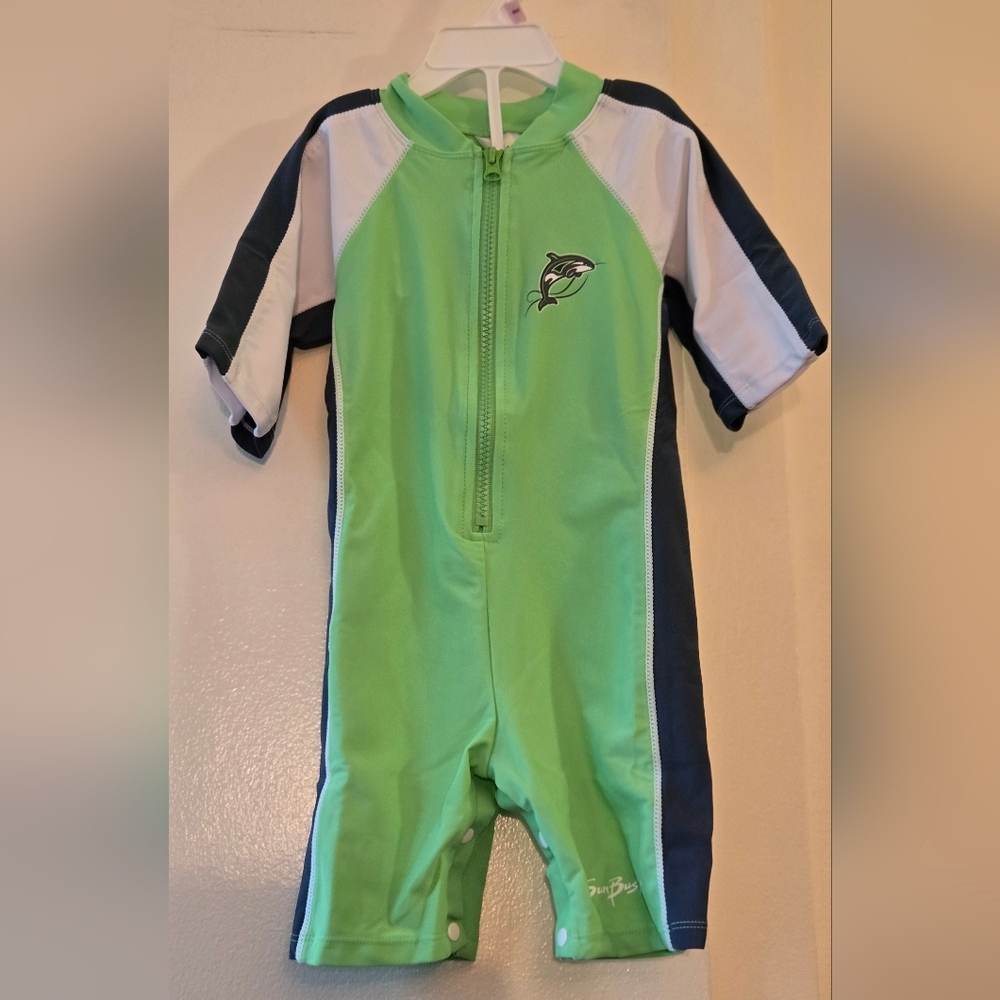 SunBusters Kids UBF 50+ Green Swim  Suit Rashguard Green Blue NWT Size 2-3